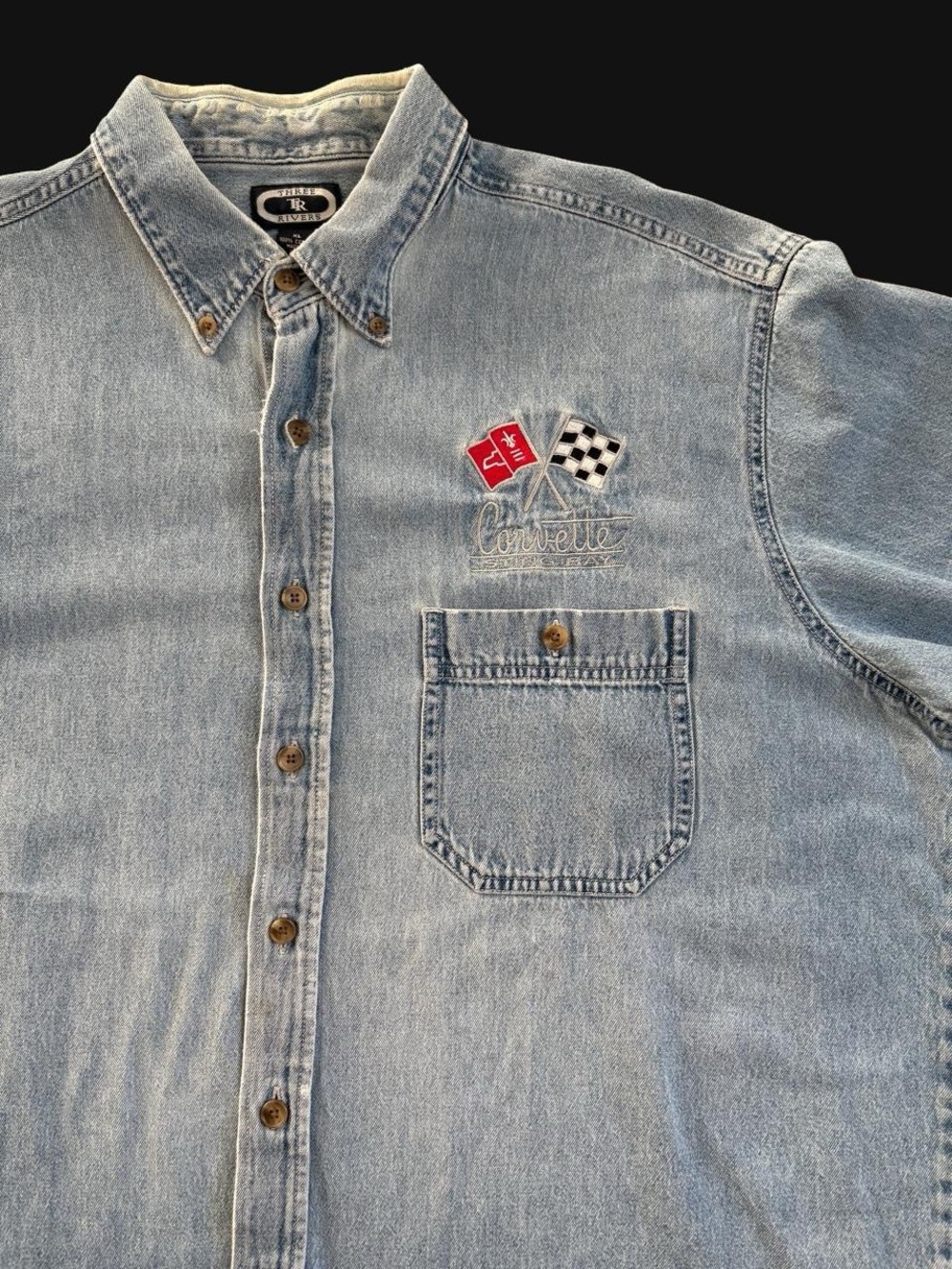 Corvette Embroidered Light Wash Denim Button-Down Shirt - Unbranded